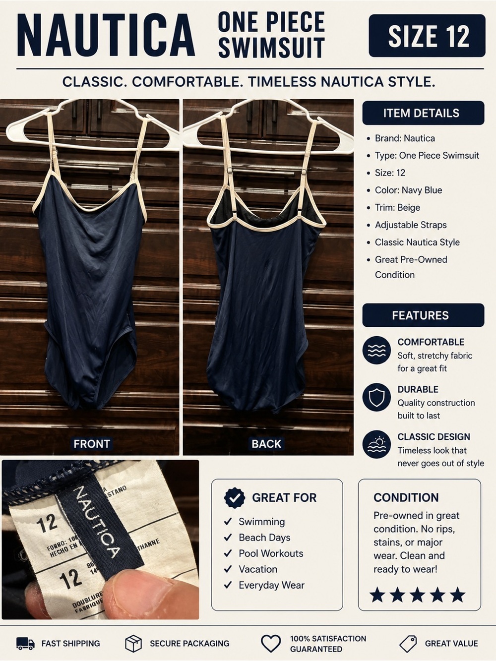 Nautica Navy Blue One-Piece Swimsuit with Beige Trim Adjustable Straps SIZE 12